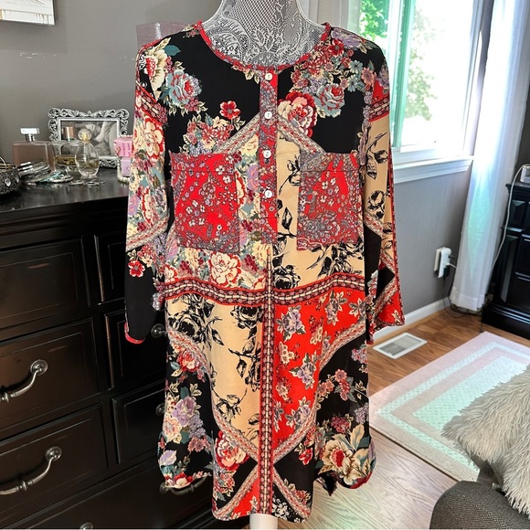 Anthropologie Fig and Flower Boho Floral Patchwork Tunic Dress Size L - Picture 2 of 16